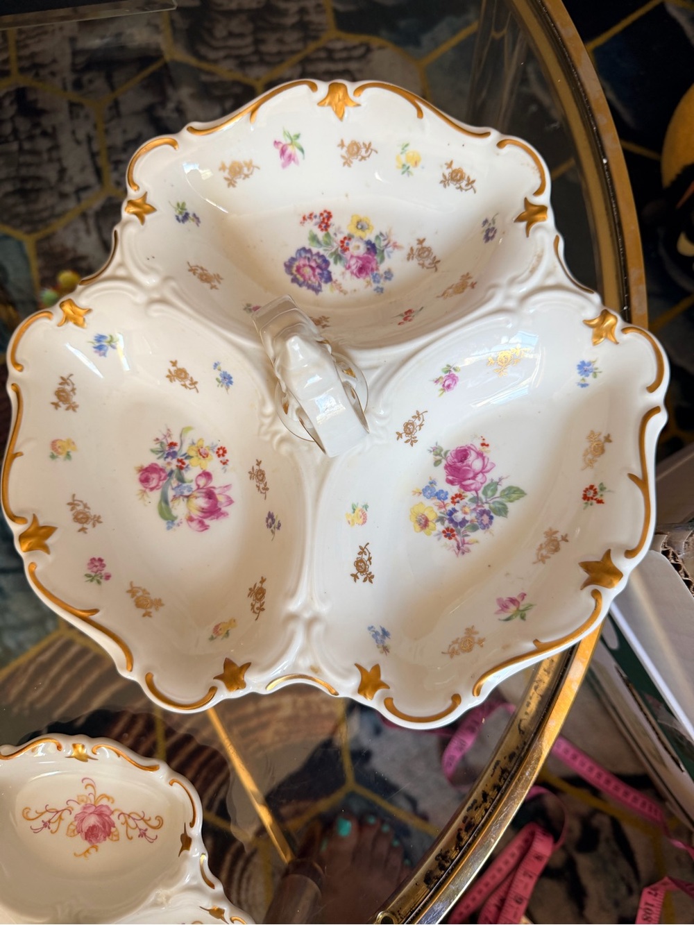 Floral Porcelain Divided Serving Dish with Gold Trim - White